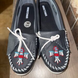 Minnetonka Navy Moccasins with Bird Embroidery